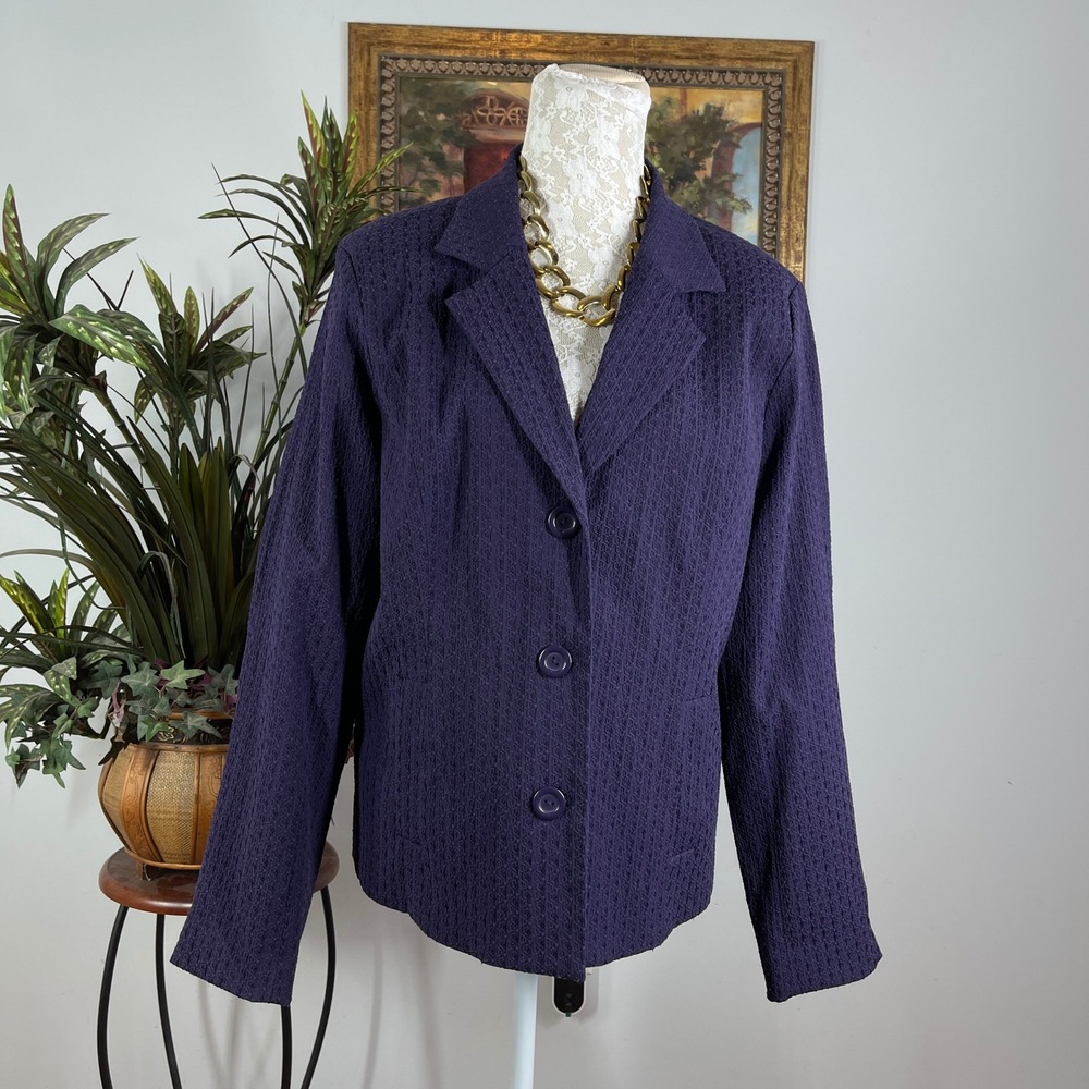 Dialogue Blazer Jacket Womens L Purple Cotton Blend Textured 3-Button Stretch